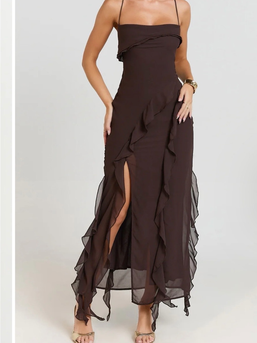 Showpo Brown Ruffled Midi Dress - Picture 2 of 3